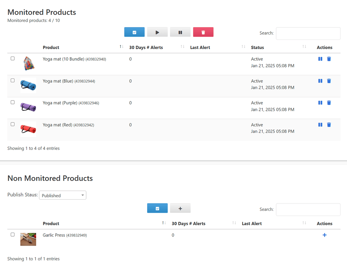 Sellegr8 Monitored Products Dashboard showing yoga mats in different colors being tracked for changes